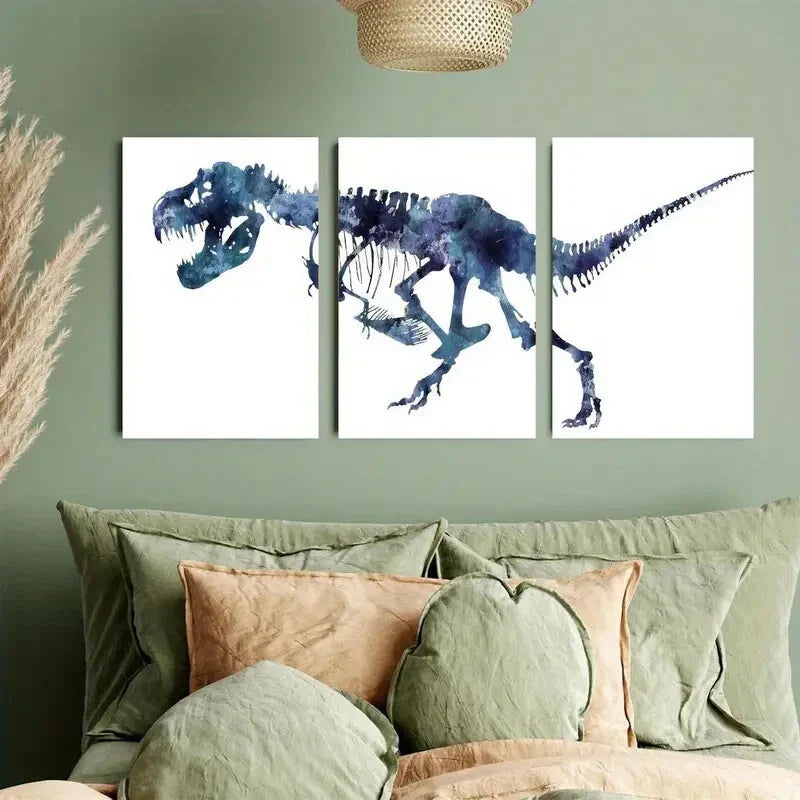 3pcs Modern Navy Blue Dinosaur T-Rex Skeleton Metal Print Ready to Hang Art