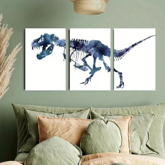 3pcs Modern Navy Blue Dinosaur T-Rex Skeleton Metal Print Ready to Hang Art