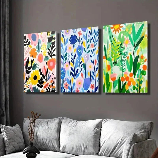 3pcs Colorful Spring Flowers and Leaves Wall Art Set Canvas Framed 40x60cm - High Quality Print 100% Australian Made Wall Canvas Ready to Hang
