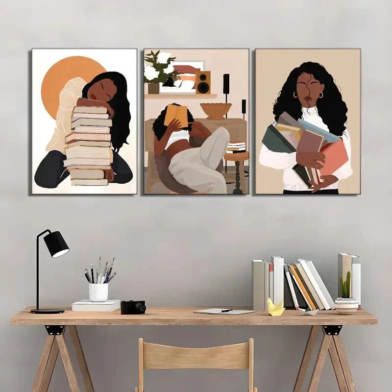 3pcs Modern Inspirational African Girl With Books Metal Print Ready to Hang Art