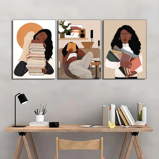 3pcs Modern Inspirational African Girl With Books Metal Print Ready to Hang Art