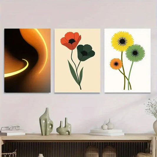 3pcs Modern Abstract Floral & Geometric Metal Print Ready to Hang Art