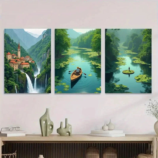 3pcs Scenic Waterfall Village Vibrant Nature Wall Art Set Canvas Framed 40x60cm - High Quality Print 100% Australian Made Wall Canvas Ready to Hang