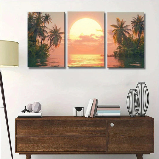 3pcs Sunset on A Tropical Beach with Palm Trees Metal Print Ready to Hang Art