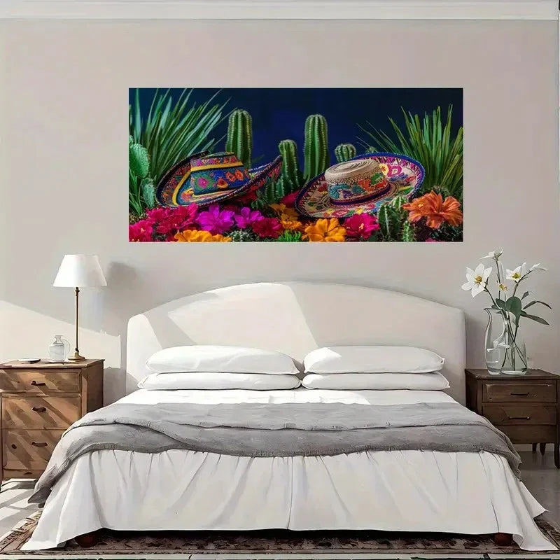 Vibrant Mexican Sombrero Wall Art Canvas Office Home Room Framed 80x45cm