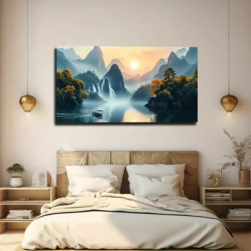Vibrant Mountain And Waterfall Wall Art Canvas Office Home Room Framed 120x60cm