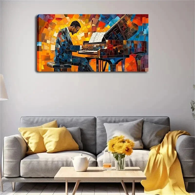 Mosaic-Style Piano for Man Wall Art Canvas Office Home Room Framed 120x60cm
