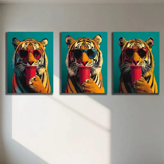 3pcs Vibrant Tiger with Fashion Glasses & Red C Metal Print Ready to Hang Art