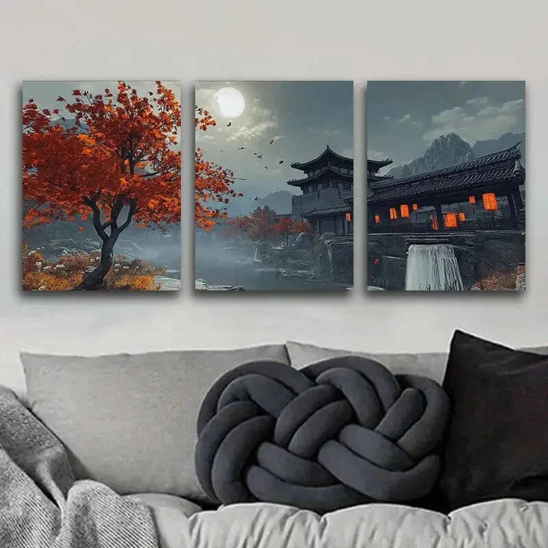 3pcs Chinese Style Architecture Home Perfect Wall Art Set Canvas Framed 40x60cm - High Quality Print 100% Australian Made Wall Canvas Ready to Hang