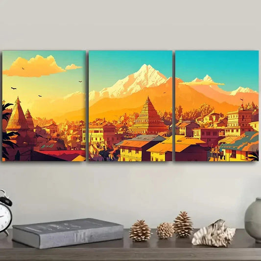 3pcs The city of Nuwakot Art Painting Metal Print Ready to Hang Art