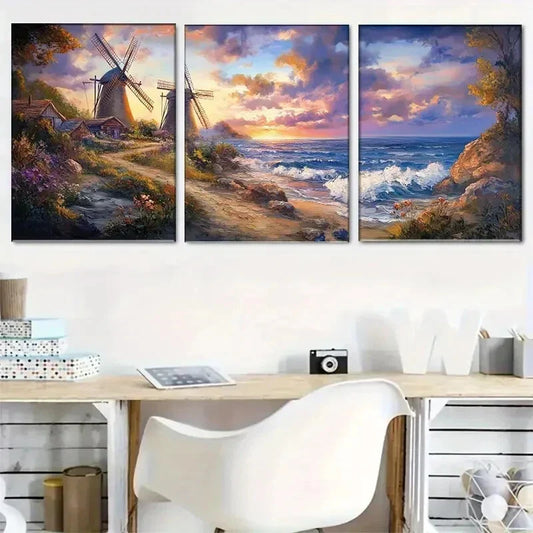 3pcs Dutch-Style Coastal Landscape with Windmills Metal Print Ready to Hang Art