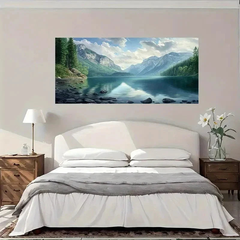 Lake Side Nature Mountain Wall Art Canvas Office Home Room Framed 80x45cm