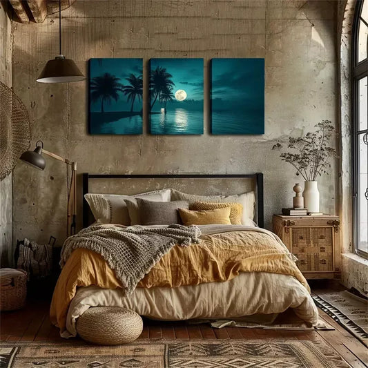 3pcs Under The Night Sky, Seaside Coconut Trees, Wall Art Set Canvas Framed 40x60cm - High Quality Print 100% Australian Made Wall Canvas Ready to Hang