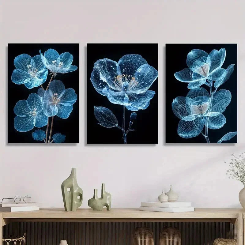 3pcs  Portrait Bright Blue Flower Painting Metal Print Ready to Hang Art