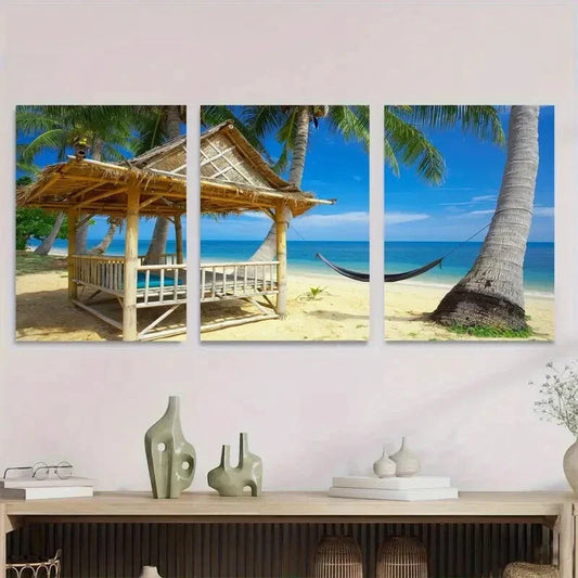 3pcs each Hut and Hammock Tropical Metal Print Ready to Hang Art