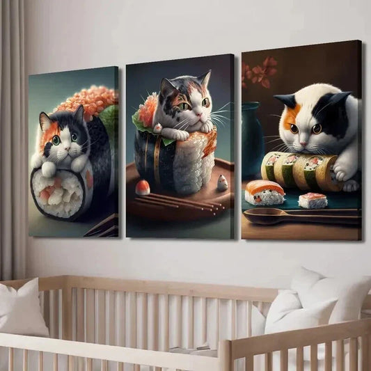 3pcs Whiskered Feline & Sushi Designs Wall Art Set Canvas Framed 40x60cm - High Quality Print 100% Australian Made Wall Canvas Ready to Hang