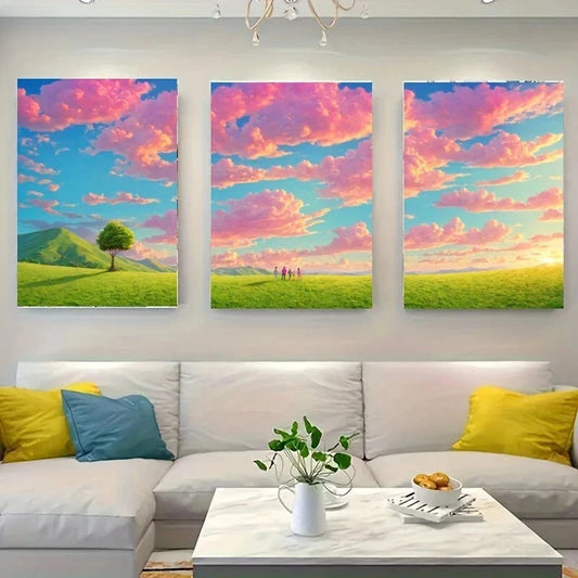 3pcs A Vibrant Landscape with Colorful Clouds Metal Print Ready to Hang Art