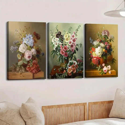 3pcs Retro Vintage Oil Paint Style Flowers Lion Wall Art Set Canvas Framed 40x60cm - High Quality Print 100% Australian Made Wall Canvas Ready to Hang