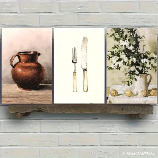 3pcs Ceramic Pots Floral Arrangements And Still Metal Print Ready to Hang Art
