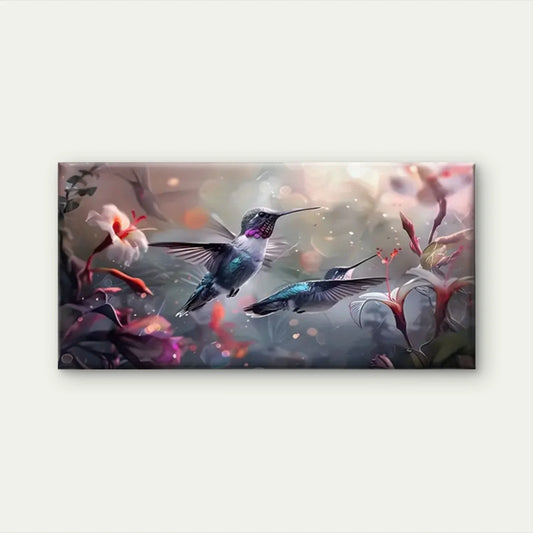 Hummingbirds Flowers Nature Wall Art Canvas Office Home Room Framed 80x45cm