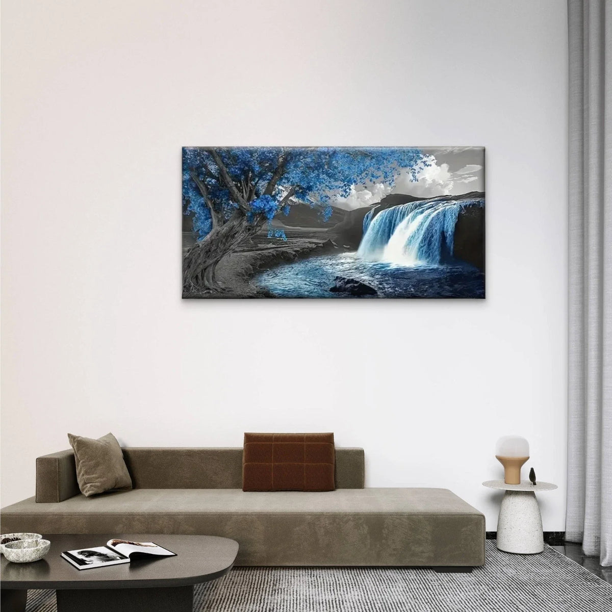 Waterfall Blue Trees Grey Sky Wall Art Canvas Office Home Room Framed 120x60cm