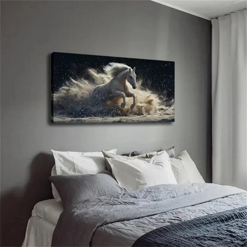 White Horse Galloping & Raising Wall Art Canvas Office Home Room Framed 120x60cm