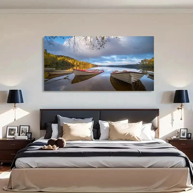 Serene Lake & Boats Decor Wall Art Canvas Office Home Room Framed 80x45cm