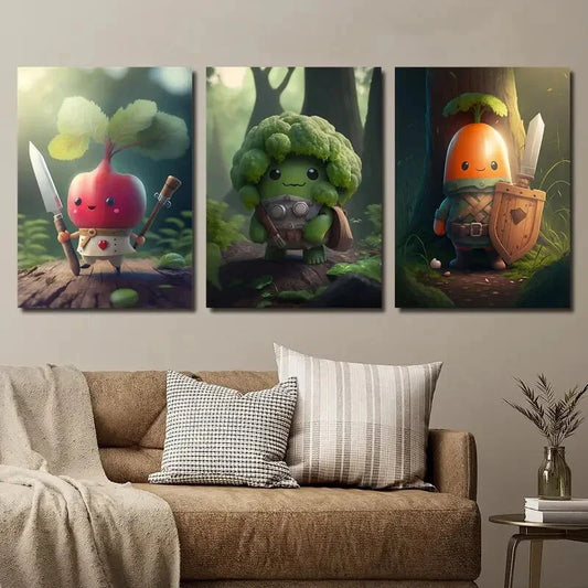 3pcs Funny Cute Forest Monster Carrot Cauliflower Metal Print Ready to Hang Art