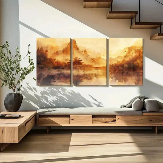 3pcs Chinese Traditional Architecture Landscape Metal Print Ready to Hang Art