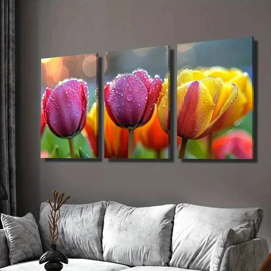 3pcs Tulips in the Rain Floral Themed Wall Art Set Canvas Framed 40x60cm - High Quality Print 100% Australian Made Wall Canvas Ready to Hang