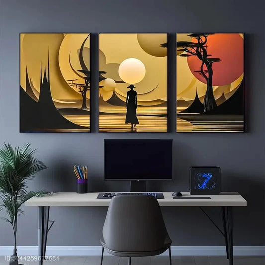 3pcs Afrocentric Landscape Painting Golden Art Metal Print Ready to Hang Art