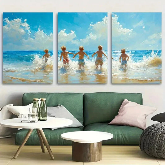3pcs Youngsters Playing Seashore Beach Metal Print Ready to Hang Art