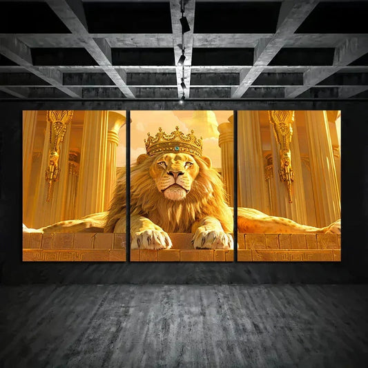 3pcs Stunning Golden Crown and Lion Metal Print Ready to Hang Art