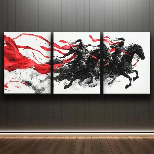 3pcs Running Black Horse Red Theme Metal Print Ready to Hang Art