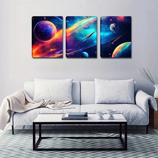 3pcs Unique Colorful Outer Space World Abstract  Wall Art Set Canvas Framed 40x60cm - High Quality Print 100% Australian Made Wall Canvas Ready to Hang