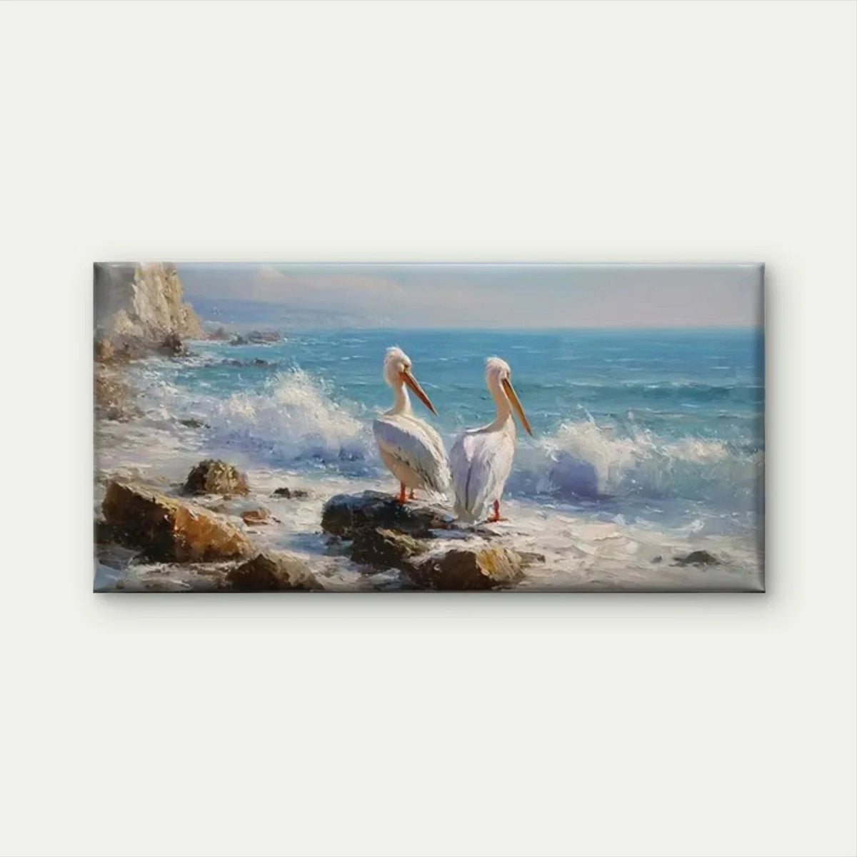 White Pelicans by Ocean Cliff WaWall Art Canvas Office Home Room Framed 80x45cm