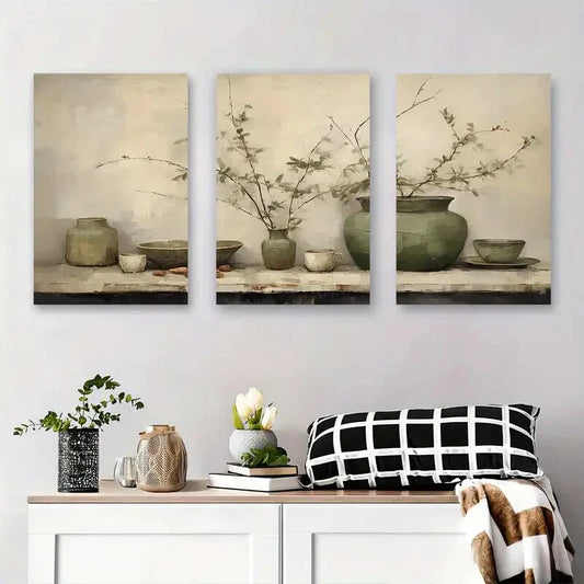 3pcs Modern Minimalist Still Green Ceramic Metal Print Ready to Hang Art