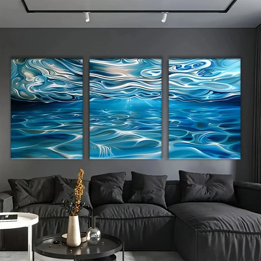 3pcs Abstract Blue and White Swirl Metal Print Ready to Hang Art