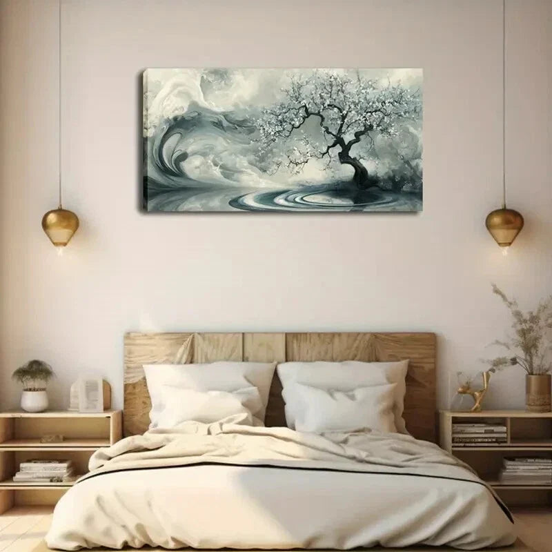 Tree White Flowers Right Side Wall Art Canvas Office Home Room Framed 120x60cm