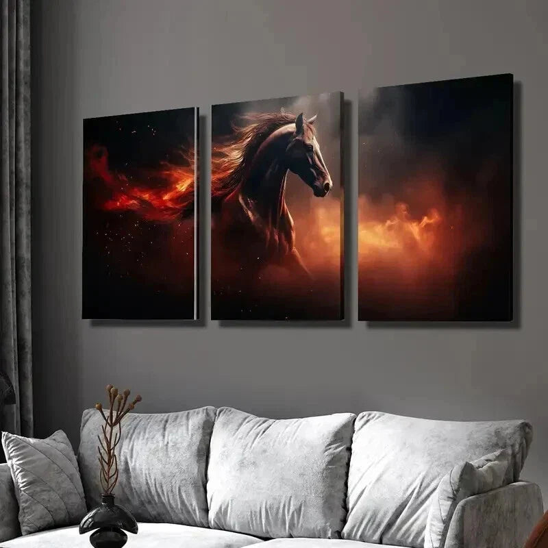 3pcs Brown Horse Running in Fire Flames Wall Art Set Canvas Framed 40x60cm - High Quality Print 100% Australian Made Wall Canvas Ready to Hang