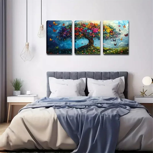 3pcs Tree Of Life, Colorful Butterflies Wall Art Set Canvas Framed 40x60cm - High Quality Print 100% Australian Made Wall Canvas Ready to Hang