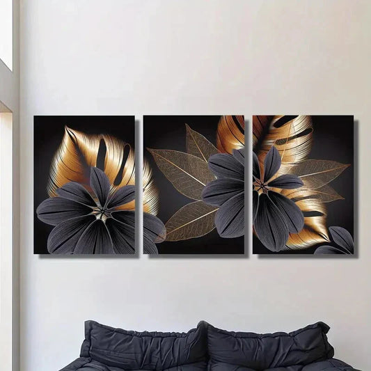 3pcs Golden Leaf Monstera Black Gold Plant Metal Leaves Print Ready to Hang Art