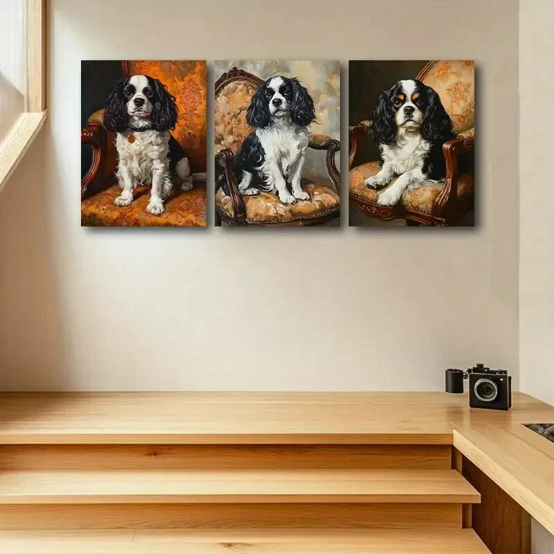 3pcs Puppy sitting on Chair Design Metal Print Ready to Hang Art