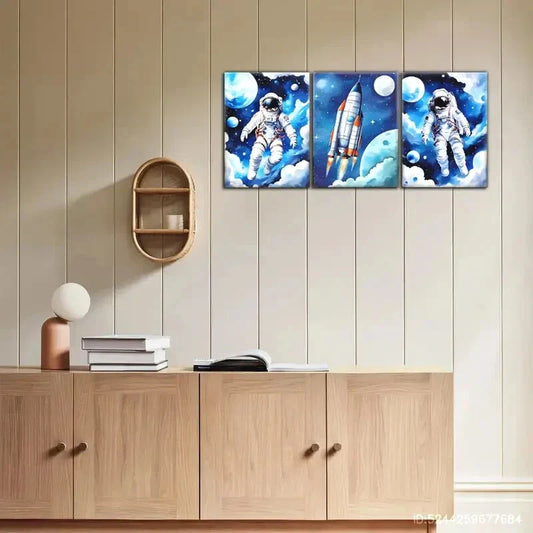 3pcs Space Exploration Astronaut & Rocket Prints Metal Print Ready to Hang Art