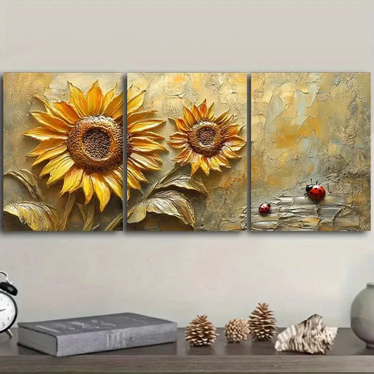 3pcs Sunflowers and ladybugs, Metal Print Ready to Hang Art
