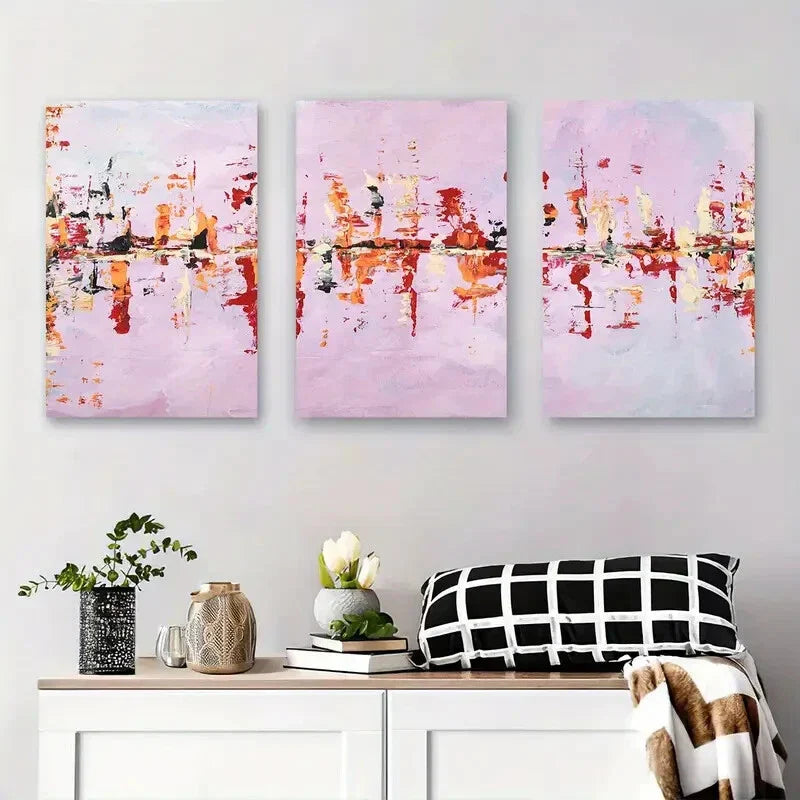 3pcs Abstract Pink and Red Landscape Metal Print Ready to Hang Art