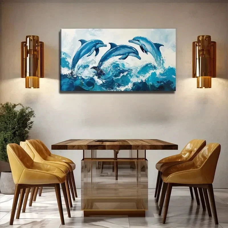 Three Jumping Dolphins Suitable Wall Art Canvas Office Home Room Framed 120x60cm