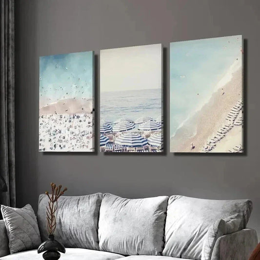 3pcs Blue and White Umbrella & Beach Scene Wall Art Set Canvas Framed 40x60cm - High Quality Print 100% Australian Made Wall Canvas Ready to Hang