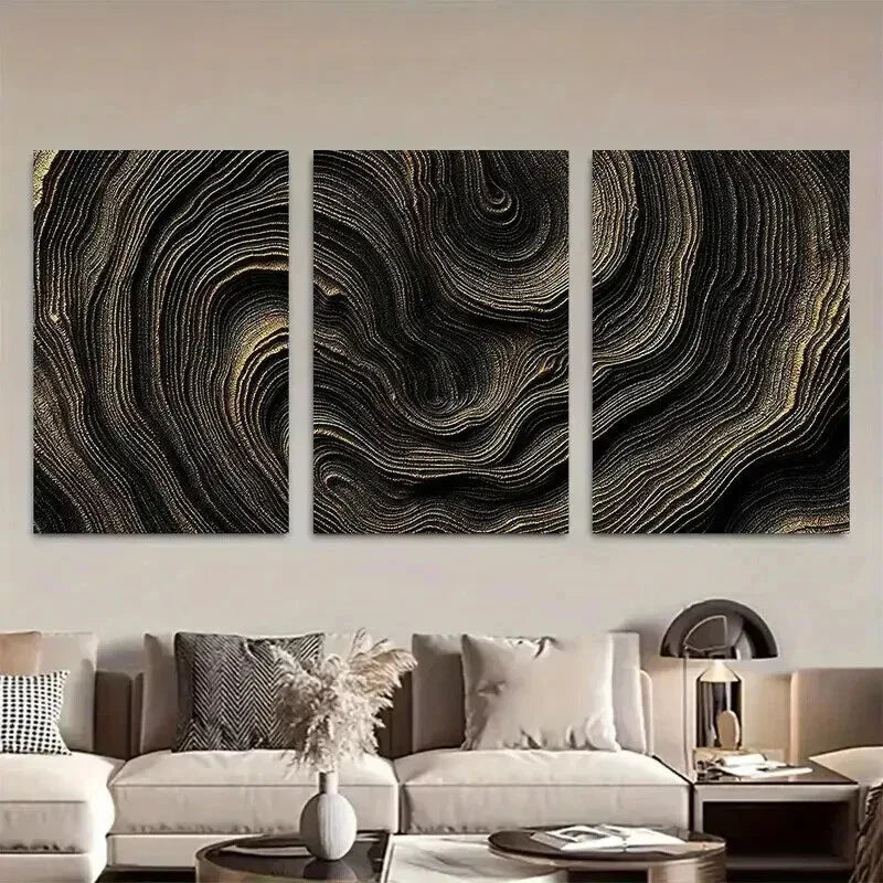 3pcs Black and Golden Abstract Wave Pattern Wall Art Set Canvas Framed 40x60cm - High Quality Print 100% Australian Made Wall Canvas Ready to Hang