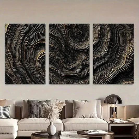 3pcs Black and Golden Abstract Wave Pattern Wall Art Set Canvas Framed 40x60cm - High Quality Print 100% Australian Made Wall Canvas Ready to Hang